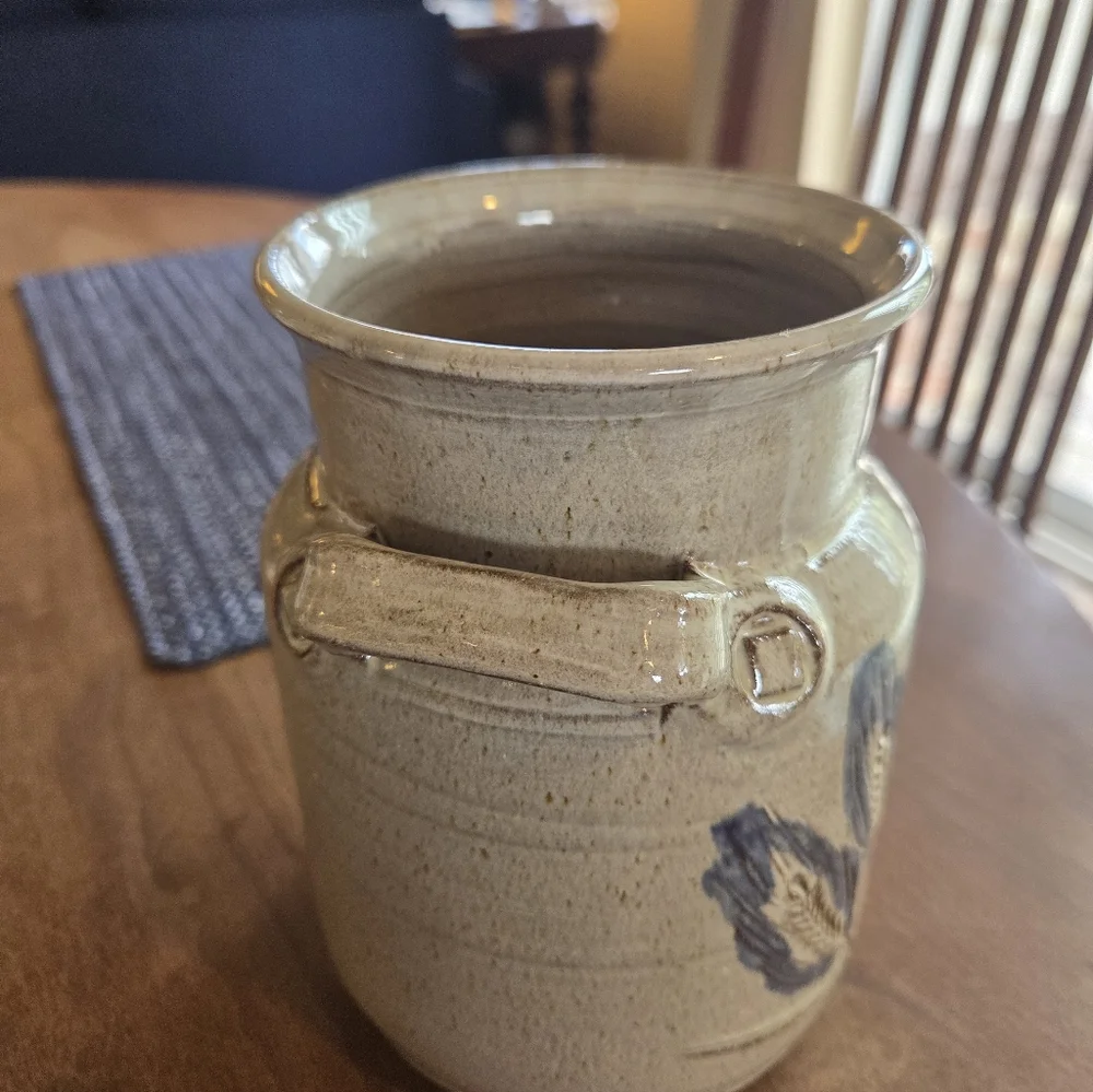 Speckled Gray Glaze With Blue Sheafs Of Wheat Cricked Signed Jesus Taylor